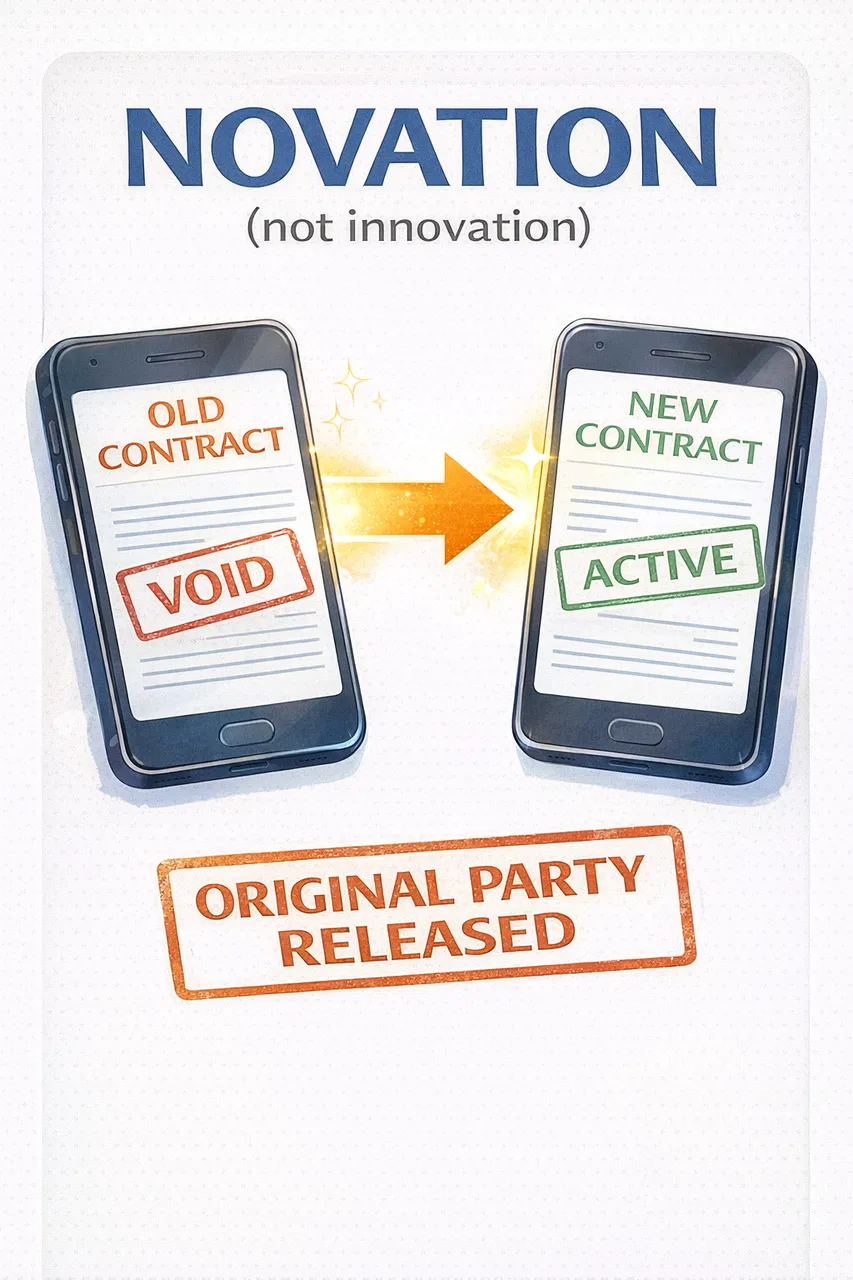 NOVATION (not innovation) - Old Contract VOID transforms to New Contract ACTIVE, Original Party Released