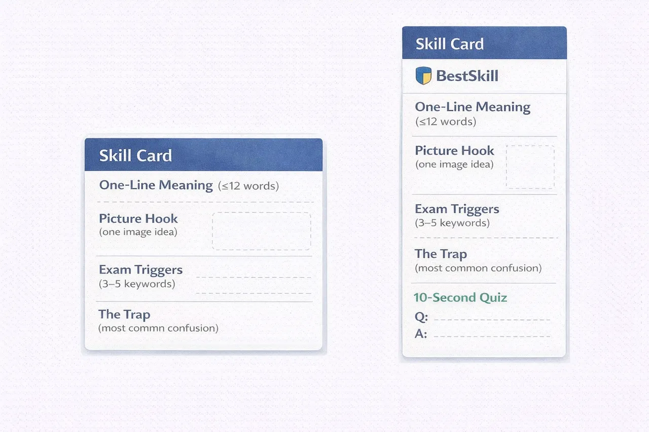 BestSkill Skill Card structure showing One-Line Meaning, Picture Hook, Exam Triggers, The Trap, and 10-Second Quiz