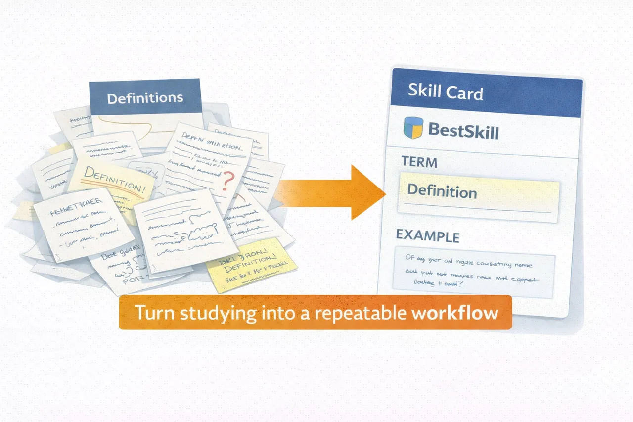 Turn studying into a repeatable workflow - from scattered definitions to organized Skill Cards