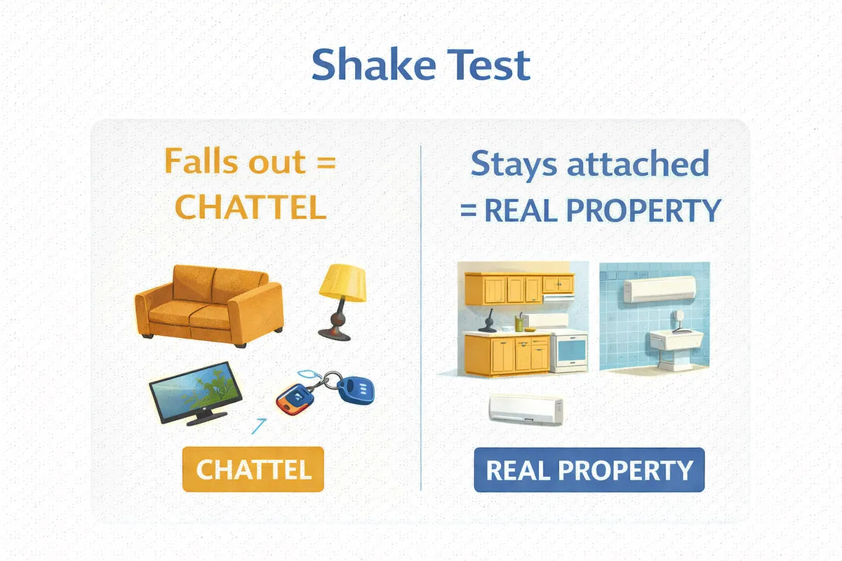 Shake Test: Falls out = CHATTEL, Stays attached = REAL PROPERTY