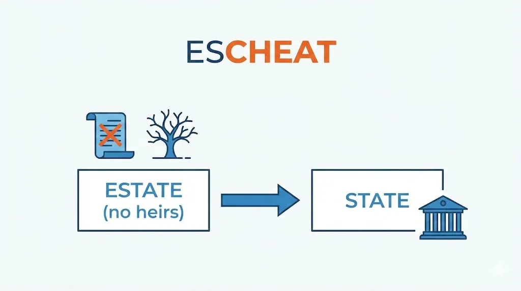 Escheat diagram: Estate (no heirs) transfers to State