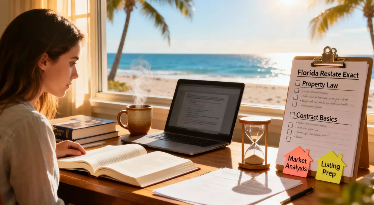 Woman studying for Florida real estate exam with laptop and books by the beach