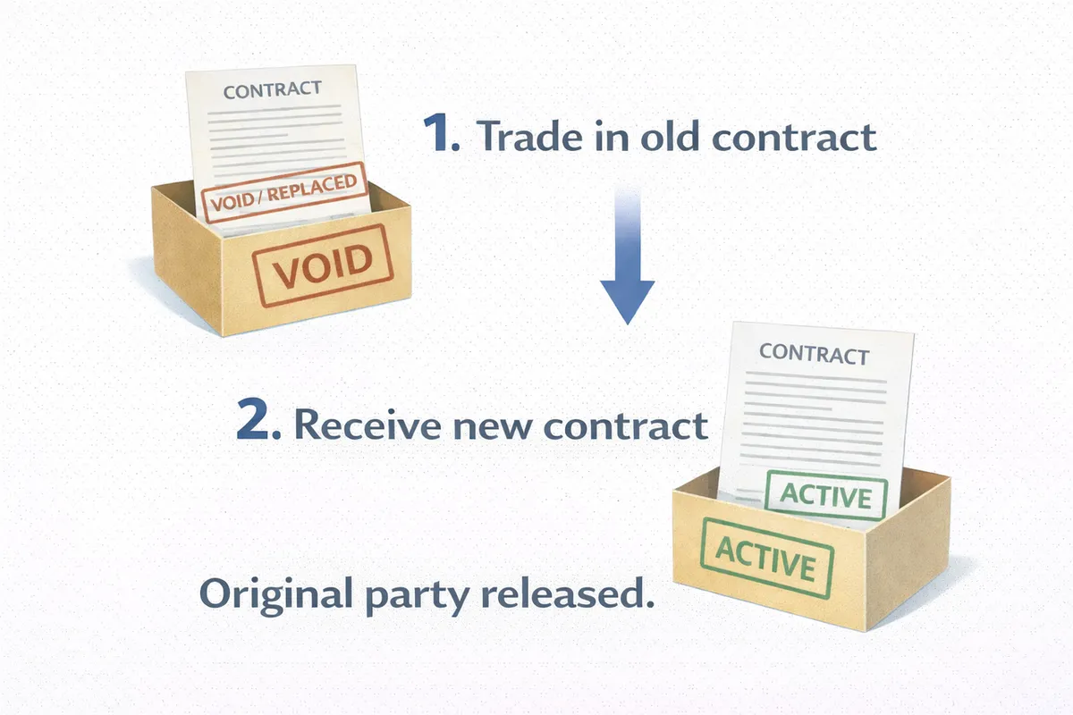 Trade-in process: Trade in old contract, receive new contract, original party released