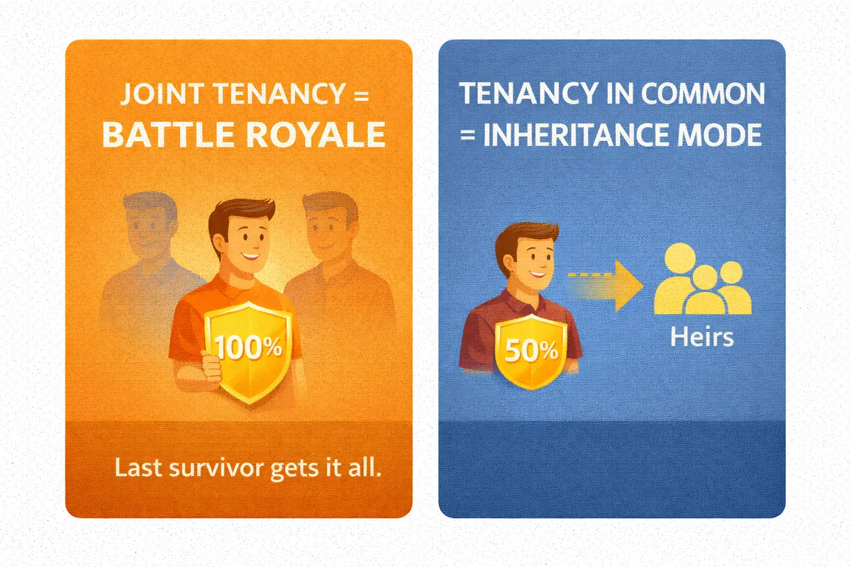 Joint Tenancy = Battle Royale (last survivor gets all) vs Tenancy in Common = Inheritance Mode (share goes to heirs)