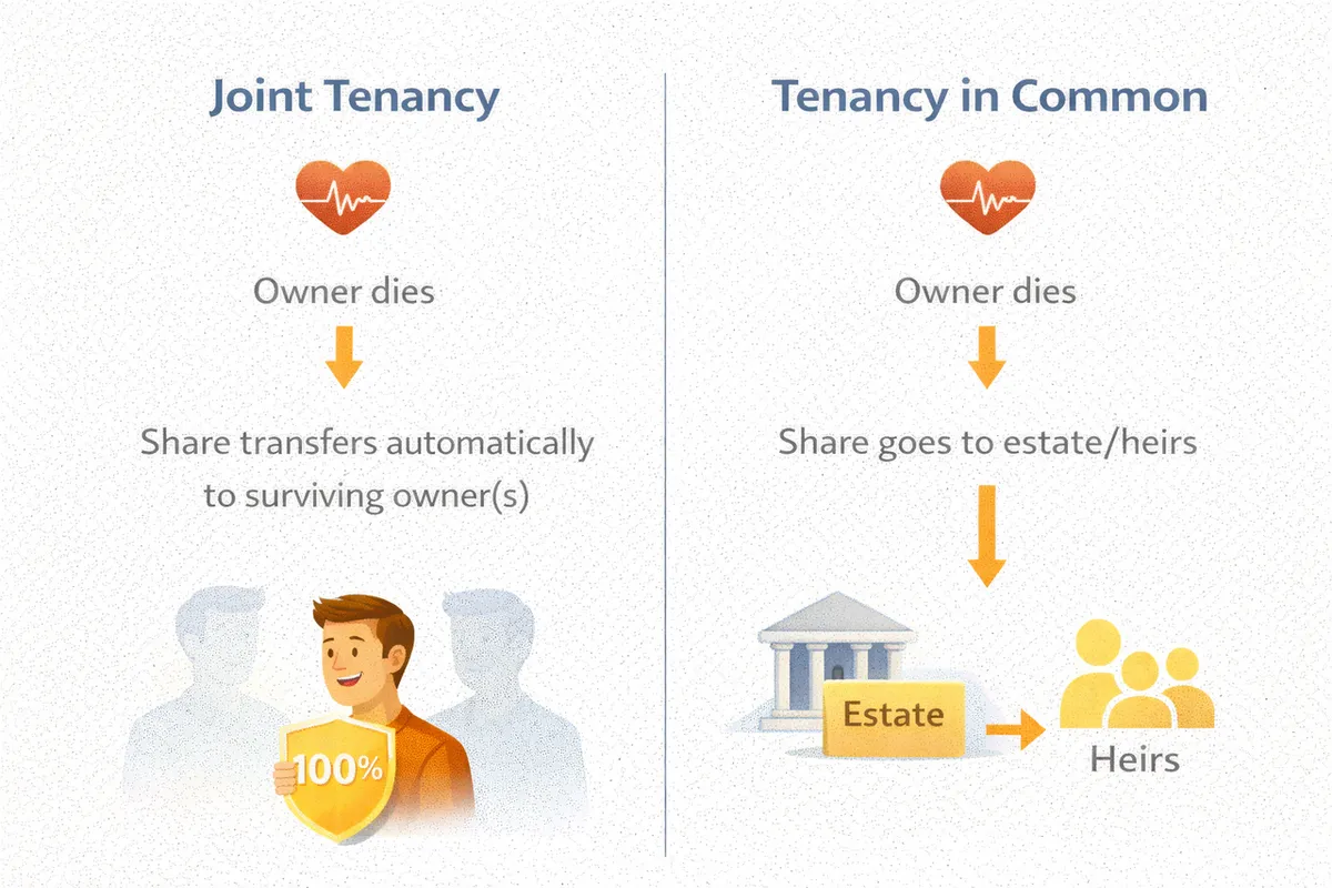 What happens when owner dies: Joint Tenancy transfers to survivor, Tenancy in Common goes to estate/heirs