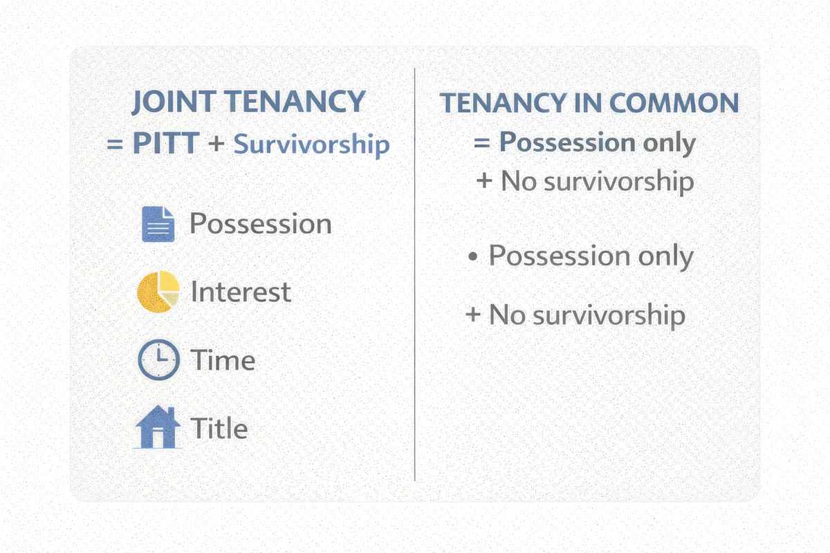 Joint Tenancy = PITT + Survivorship vs Tenancy in Common = Possession only + No survivorship