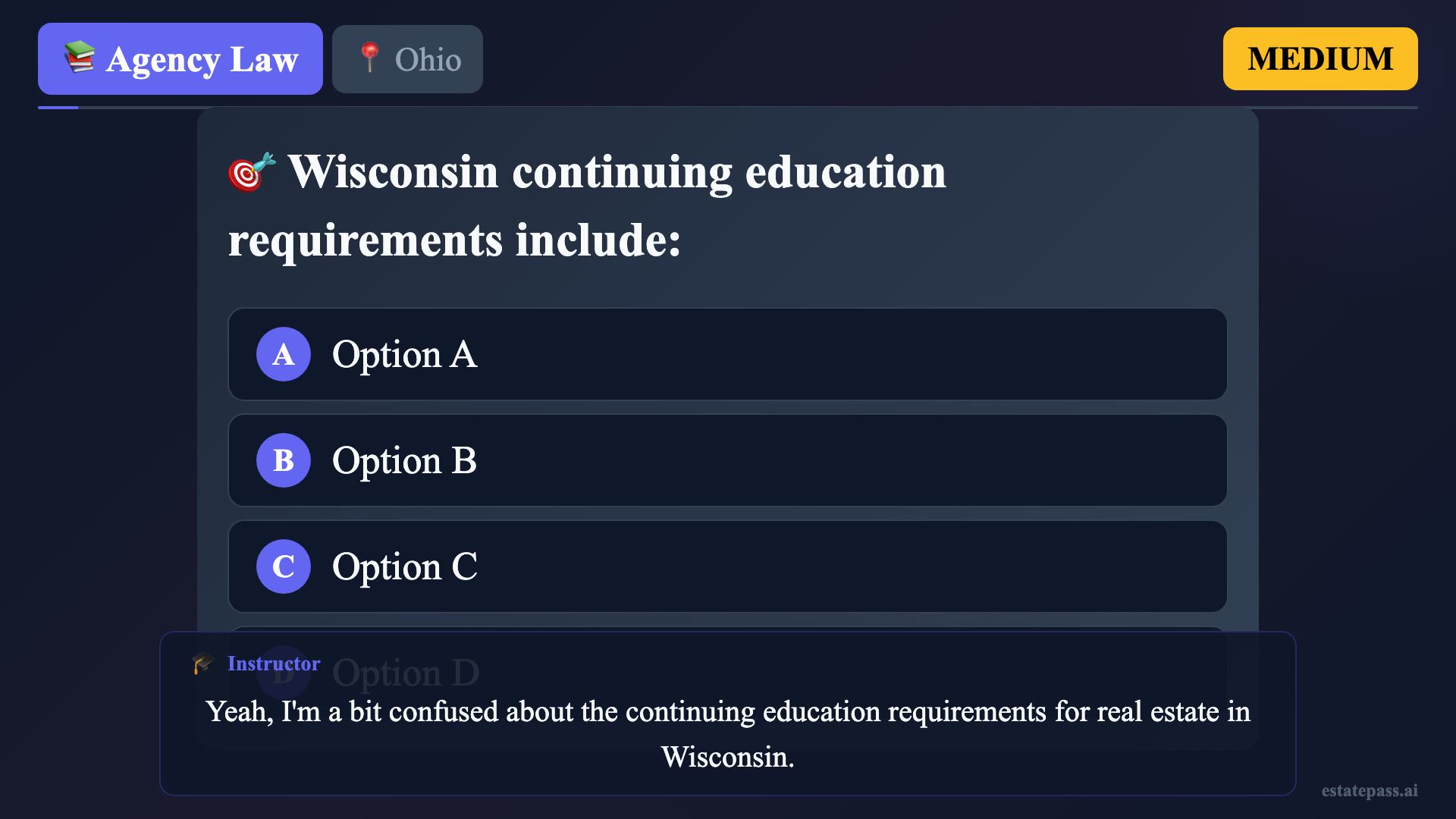 Agency Law: Wisconsin continuing education requirements include: | Real