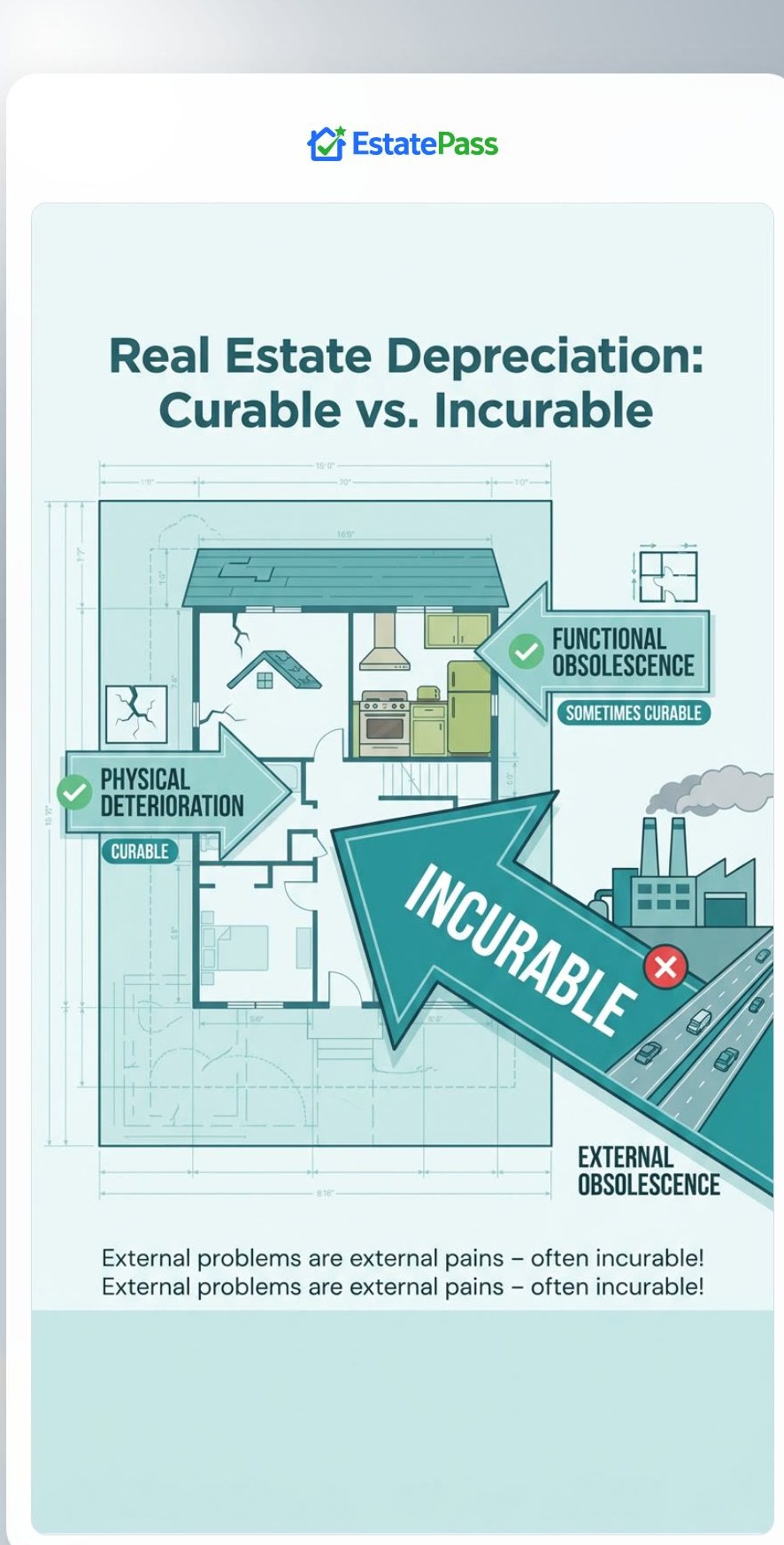 The type of depreciation that is NOT curable because it is caused by factors outside the property is: